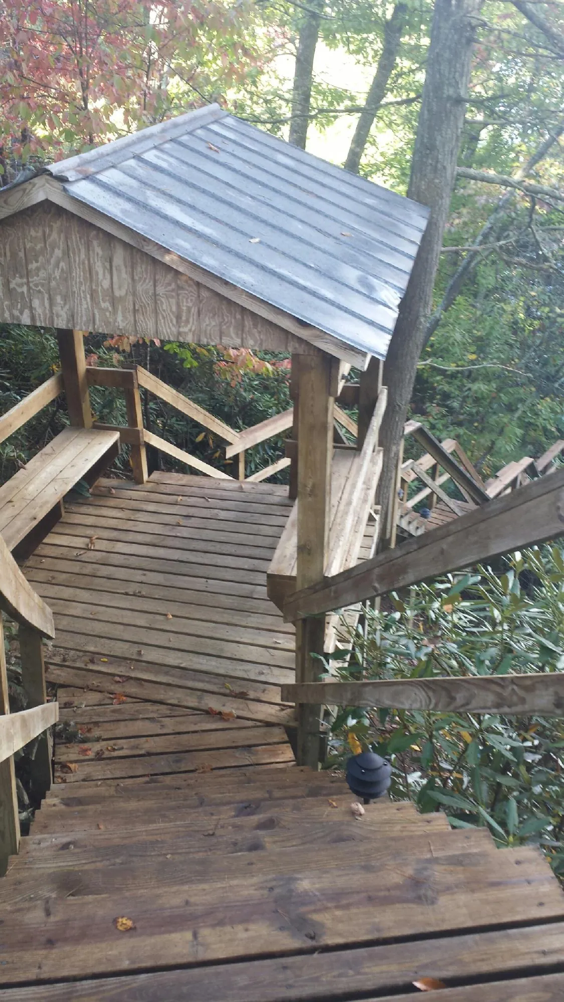 Metal roofed shelter over wooden steps on a wooded walkway — Skylight Repair & Installation work by our crew in Millport